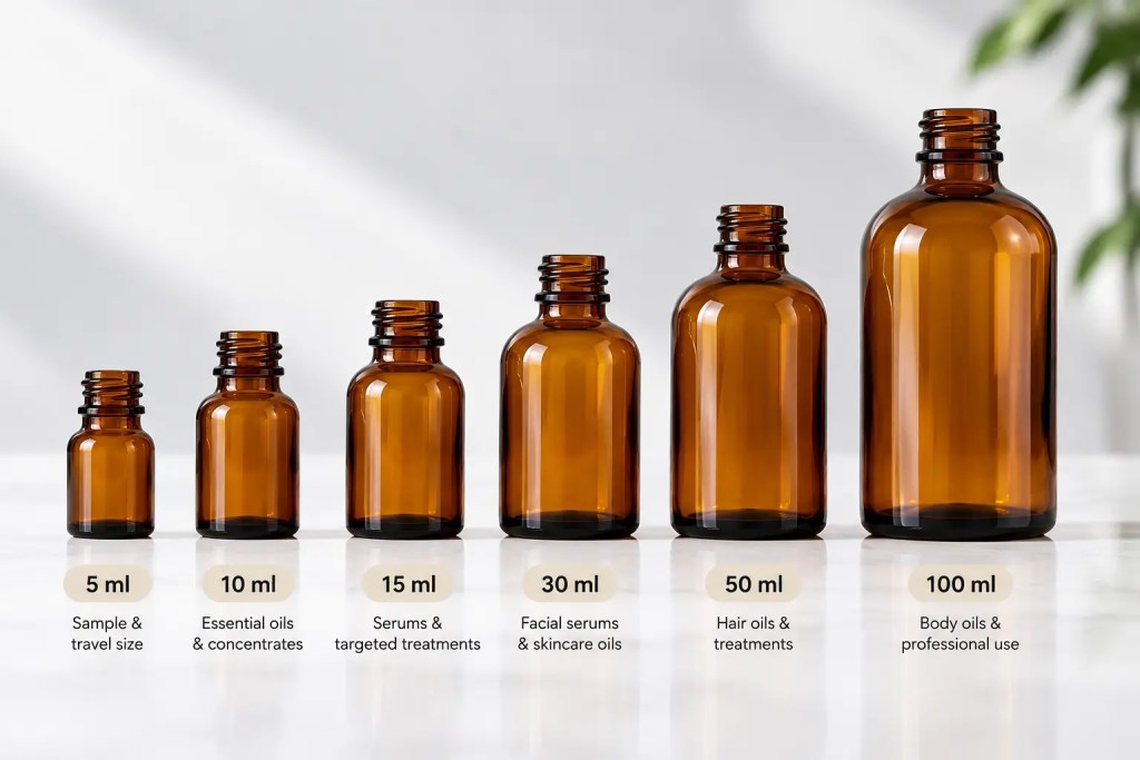 Amber Boston round bottle sizes from 5ml to 100ml for cosmetic packaging
