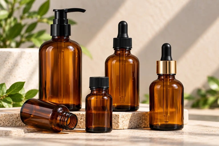 Amber glass Boston round bottles bulk for cosmetic and skincare packaging