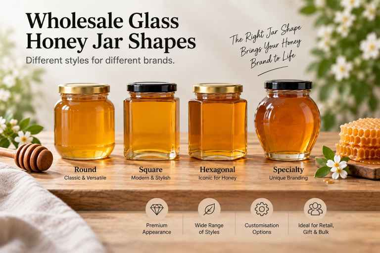 Round square and hexagonal glass honey jars for wholesale packaging