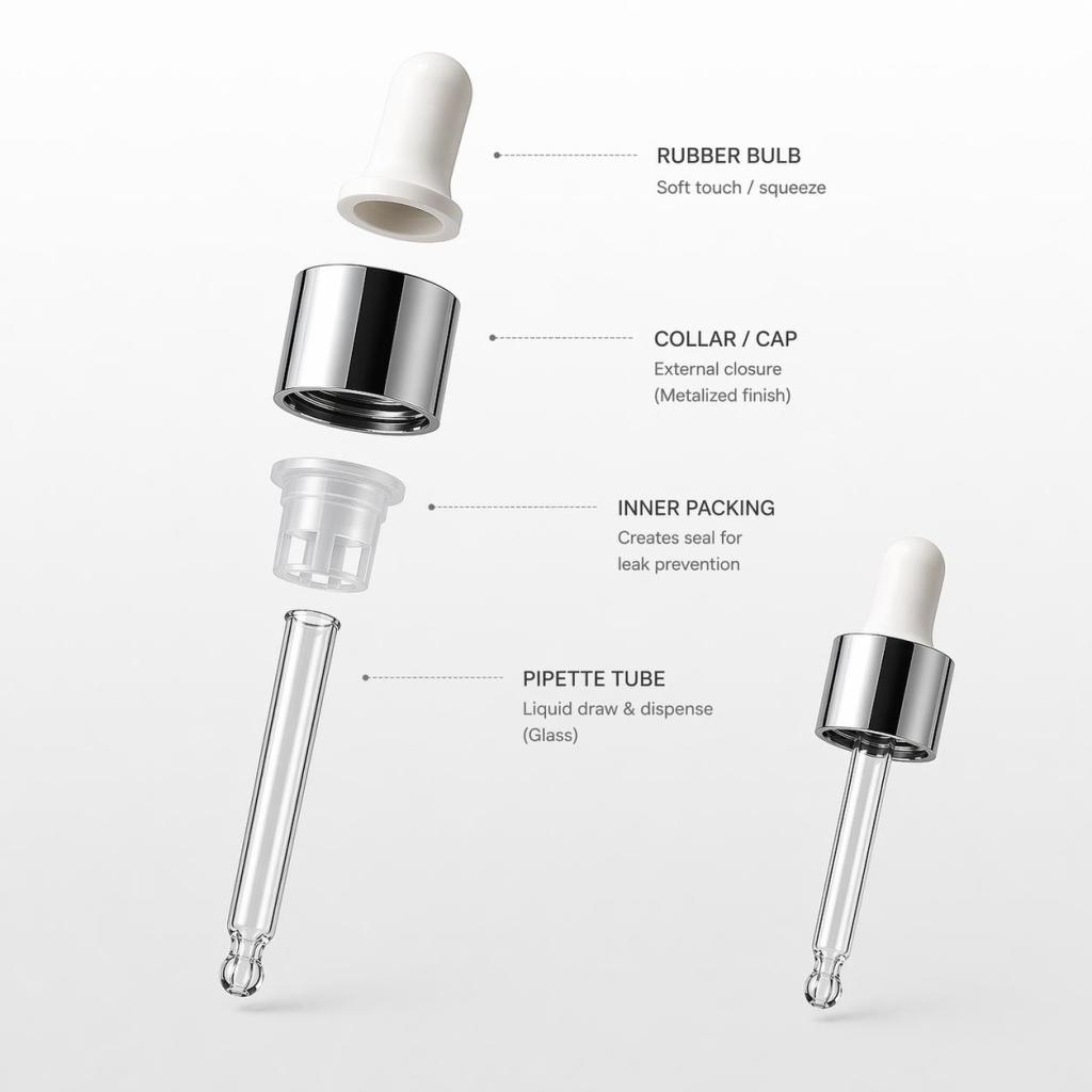 Glass dropper pipette components including glass tube, rubber bulb, and closure cap