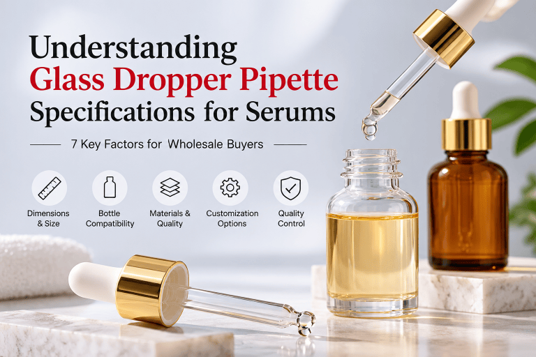 Glass dropper pipette wholesale guide cover image, showing a clear glass dropper pipette and amber vials with the text “7 Essential Tips” for B2B purchasing decisions.